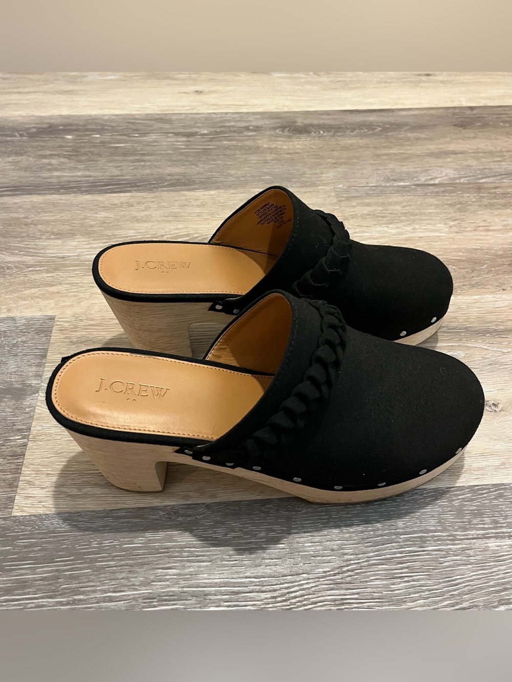 J Crew Shoes Womens 9.5 Clog Slip On Suede Braided Wooden Heel‎ Clog Black BJ249